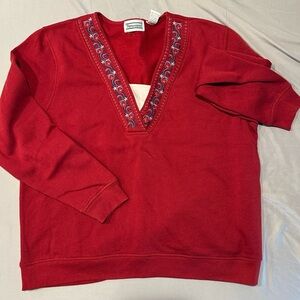 vintage Sundance Deep Red Embroidered V-Neck grandma Sweatshirt
